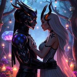 An intimate and romantic moment between Noob Saibot and Sindel, set against a mystical backdrop