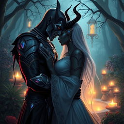 An intimate and romantic moment between Noob Saibot and Sindel, set against a mystical backdrop