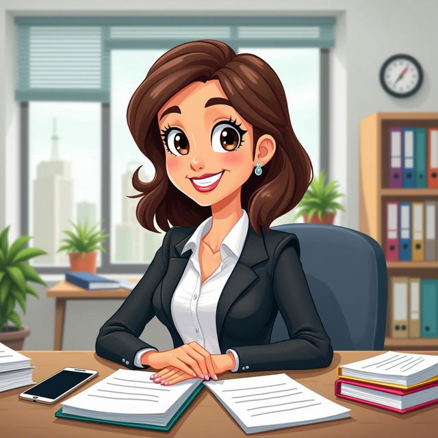 A cartoon-style woman with medium-length brunette hair, large expressive eyes, and a friendly smile, sitting at a desk in a modern, organized office