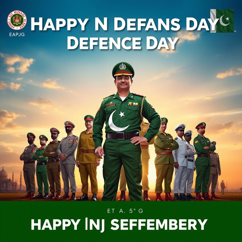 A heroic and patriotic scene featuring EAPJG standing proudly with the Nation's Protectors on Pakistan's Defence Day, celebrating the 6th of September