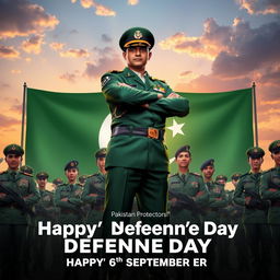 A heroic and patriotic scene featuring EAPJG standing proudly with the Nation's Protectors on Pakistan's Defence Day, celebrating the 6th of September