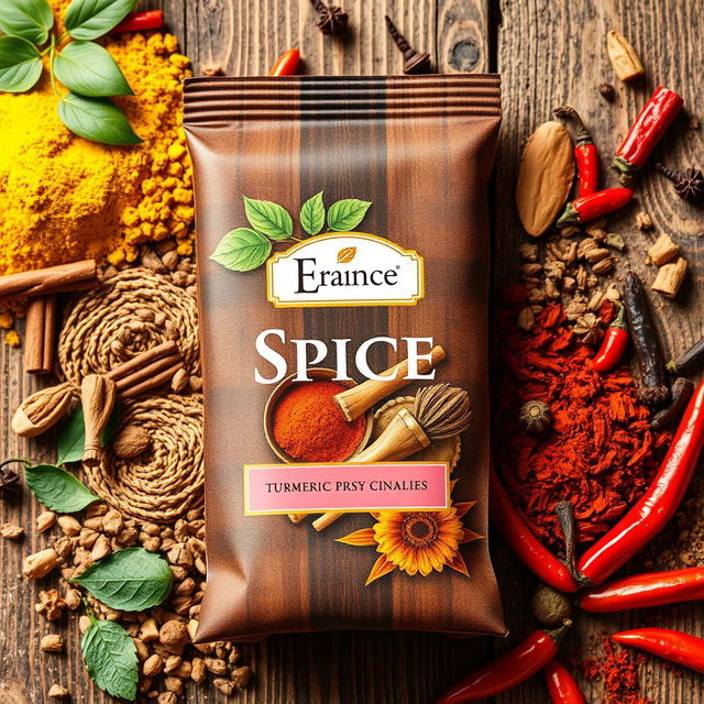 Spice packaging design featuring a variety of colorful spices such as turmeric, cinnamon, cloves, and chili peppers