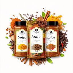 Spice packaging design featuring a variety of colorful spices such as turmeric, cinnamon, cloves, and chili peppers