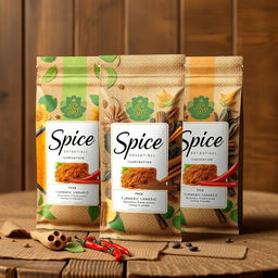 Spice packaging design featuring a variety of colorful spices such as turmeric, cinnamon, cloves, and chili peppers