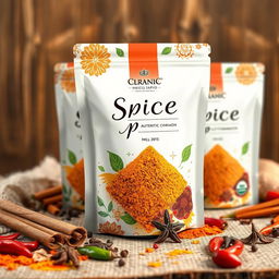 Spice packaging design featuring a variety of colorful spices such as turmeric, cinnamon, cloves, and chili peppers