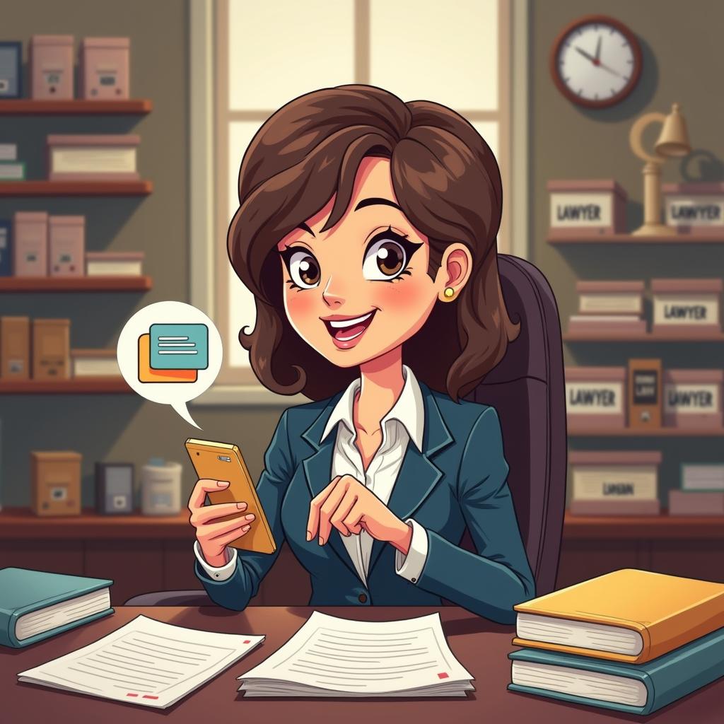 A cheerful cartoon-style woman in a law office, looking at her smartphone with a notification message on the screen