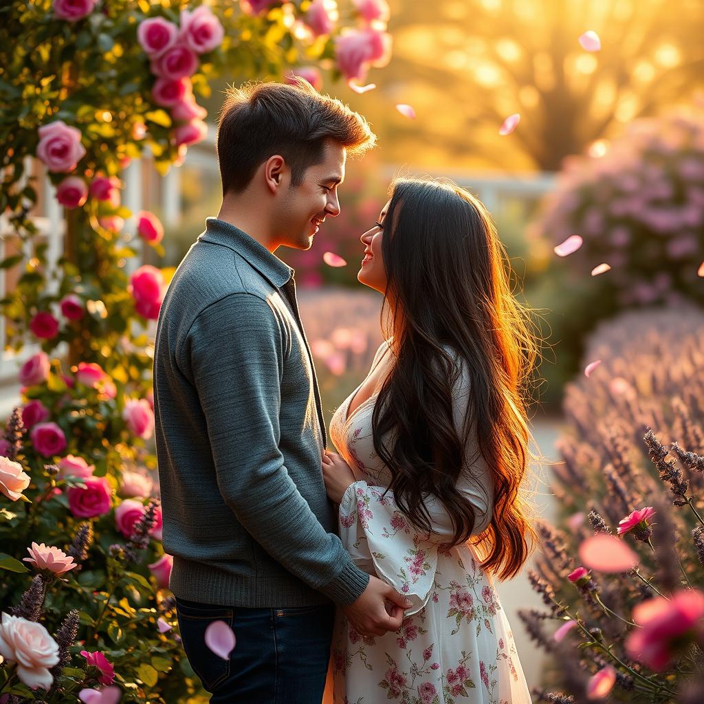 A romantic love story scene where a couple shares a quiet moment in a beautiful garden filled with vibrant flowers and aromatic scents