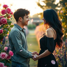 A romantic love story scene where a couple shares a quiet moment in a beautiful garden filled with vibrant flowers and aromatic scents