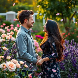 A romantic love story scene where a couple shares a quiet moment in a beautiful garden filled with vibrant flowers and aromatic scents