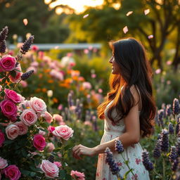 A romantic love story scene where a couple shares a quiet moment in a beautiful garden filled with vibrant flowers and aromatic scents