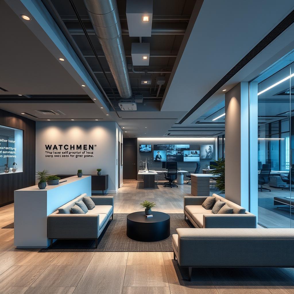 A modern and sophisticated interior design concept for a commercial space dedicated to creating self-protection plans, named "Watchmen"