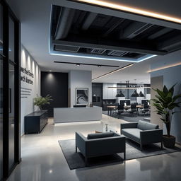 A modern and sophisticated interior design concept for a commercial space dedicated to creating self-protection plans, named "Watchmen"