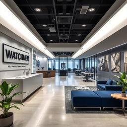 A modern and sophisticated interior design concept for a commercial space dedicated to creating self-protection plans, named "Watchmen"