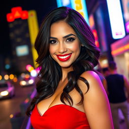 A captivating and alluring Latina woman with a confident and playful demeanor, dressed in a stylish, form-fitting red cocktail dress