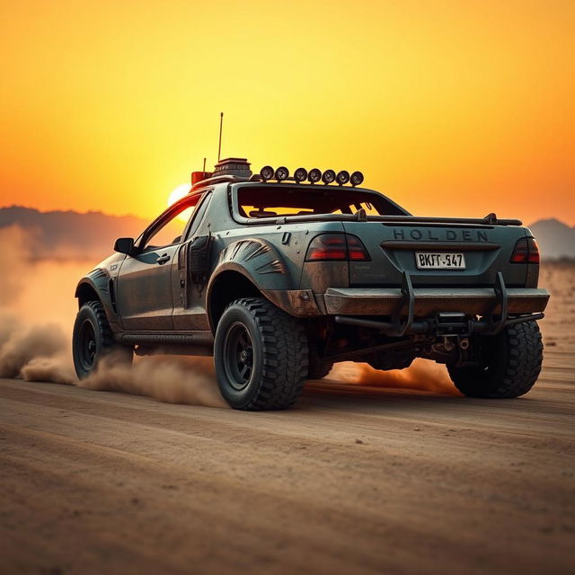 A post-apocalyptic Holden Maloo inspired by Mad Max, set in a desolate desert landscape