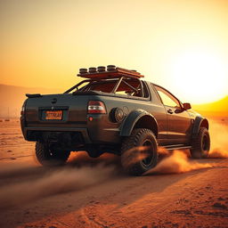 A post-apocalyptic Holden Maloo inspired by Mad Max, set in a desolate desert landscape