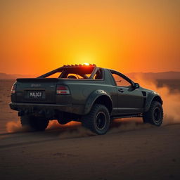 A post-apocalyptic Holden Maloo inspired by Mad Max, set in a desolate desert landscape