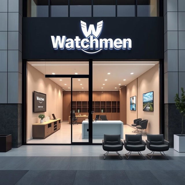 Modern commercial office design for "Watchmen," a self-protection plan business