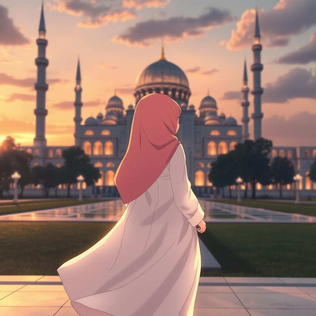 Anime girl standing with her back turned, looking towards a grand mosque in the distance