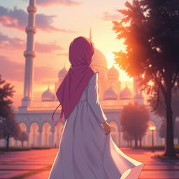 Anime girl standing with her back turned, looking towards a grand mosque in the distance