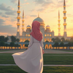 Anime girl standing with her back turned, looking towards a grand mosque in the distance