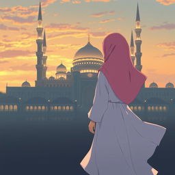 Anime girl standing with her back turned, looking towards a grand mosque in the distance