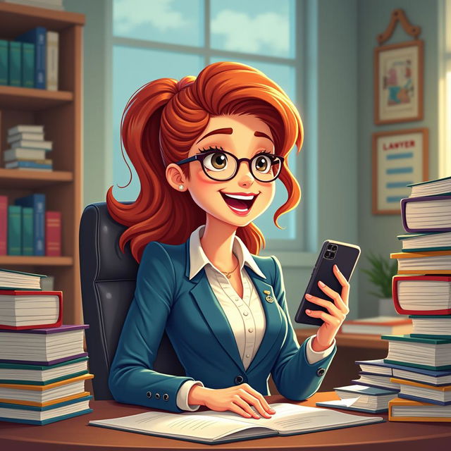 A cheerful cartoon-style woman, with distinct features from the previous image, sits in a bustling law office, receiving a playful notification on her phone