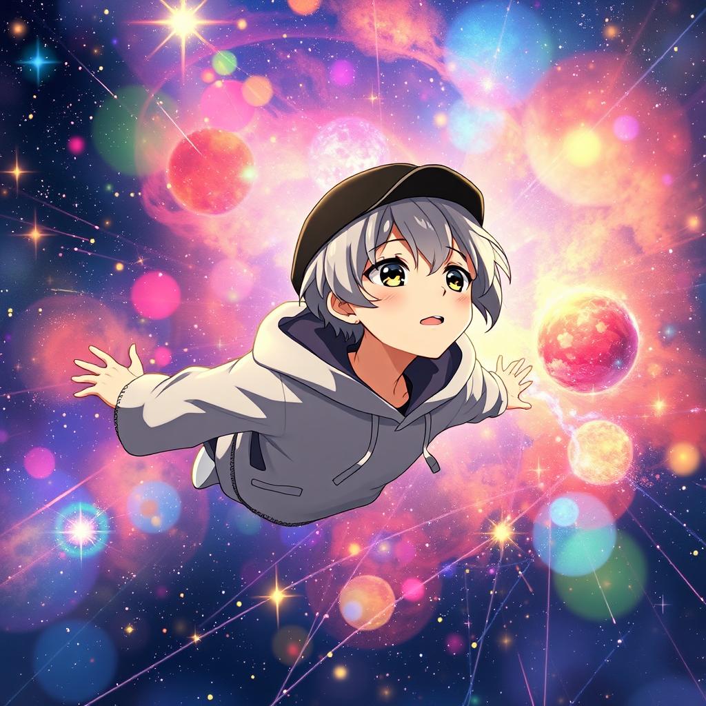 Anime boy with a black hat and gray hoodie, flying through a colorful galaxy, surrounded by a multitude of stars