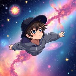 Anime boy with a black hat and gray hoodie, flying through a colorful galaxy, surrounded by a multitude of stars