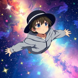 Anime boy with a black hat and gray hoodie, flying through a colorful galaxy, surrounded by a multitude of stars