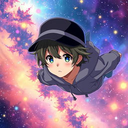 Anime boy with a black hat and gray hoodie, flying through a colorful galaxy, surrounded by a multitude of stars