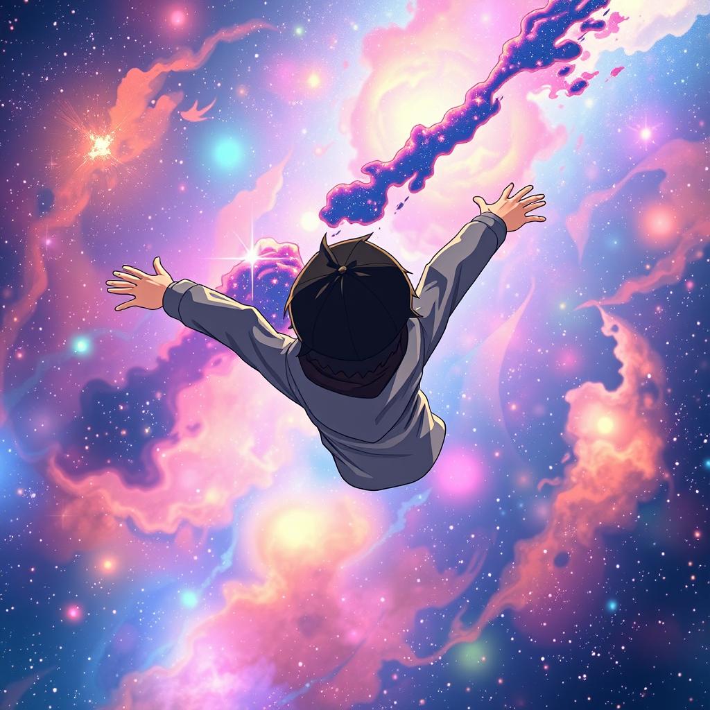 Anime boy with a black hat and gray hoodie, flying through a colorful galaxy, facing backward as he gazes at the stars behind him