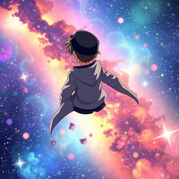 Anime boy with a black hat and gray hoodie, flying through a colorful galaxy, facing backward as he gazes at the stars behind him