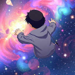 Anime boy with a black hat and gray hoodie, flying through a colorful galaxy, facing backward as he gazes at the stars behind him