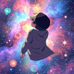 Anime boy with a black hat and gray hoodie, flying through a colorful galaxy, facing backward as he gazes at the stars behind him