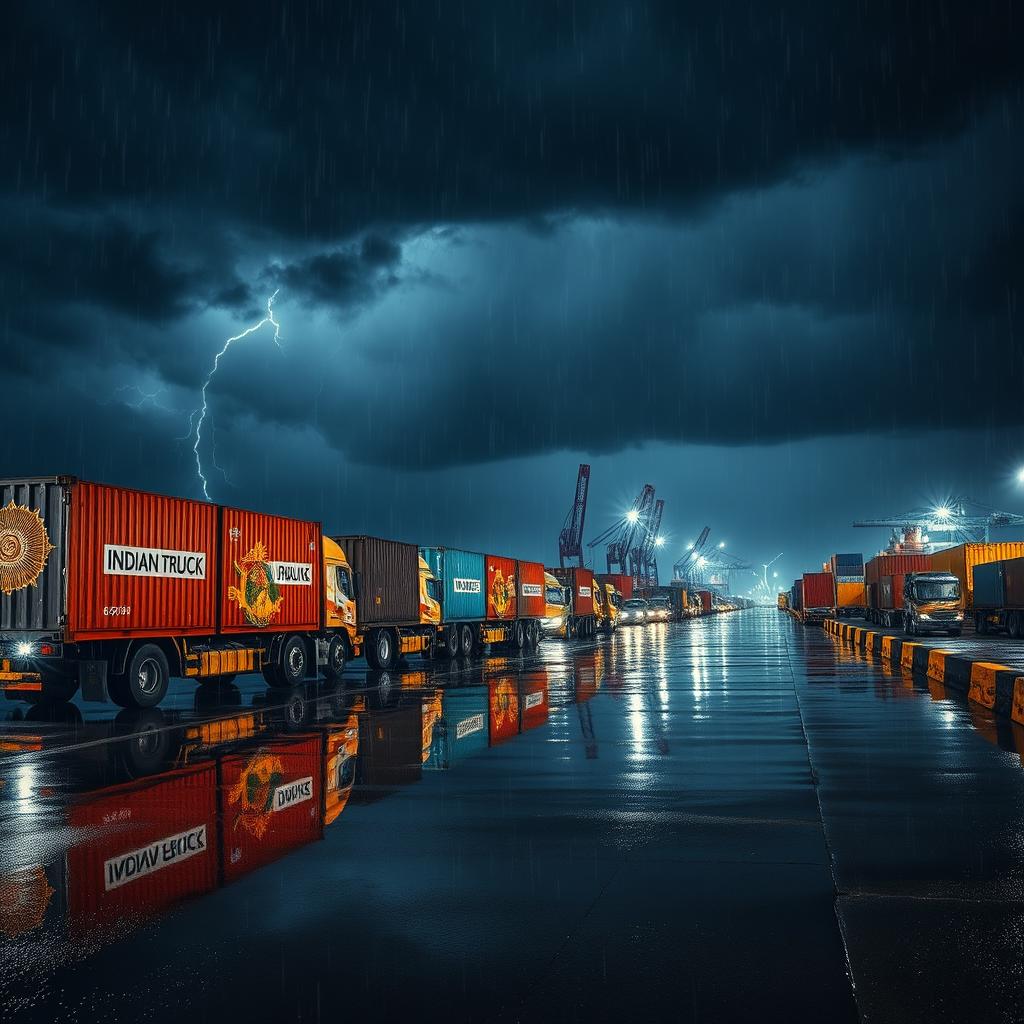 A line of Indian truck containers waiting at a port during a stormy and rainy night