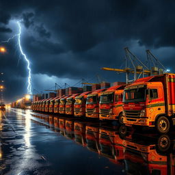 A line of Indian truck containers waiting at a port during a stormy and rainy night