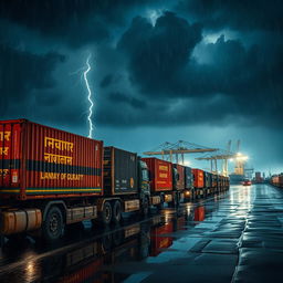 A line of Indian truck containers waiting at a port during a stormy and rainy night