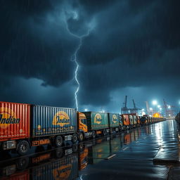 A line of Indian truck containers waiting at a port during a stormy and rainy night