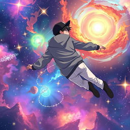 Anime man wearing a black hat, gray hoodie, and white trousers, flying through a colorful galaxy