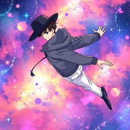 Anime man wearing a black hat, gray hoodie, and white trousers, flying through a colorful galaxy