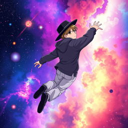 Anime man wearing a black hat, gray hoodie, and white trousers, flying through a colorful galaxy