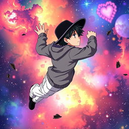 Anime man wearing a black hat, gray hoodie, and white trousers, flying through a colorful galaxy