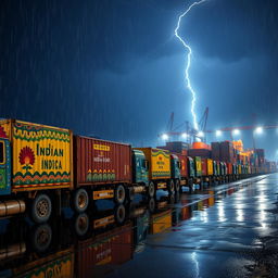 A side view of a line of Indian truck containers at a port during a stormy and rainy dark night