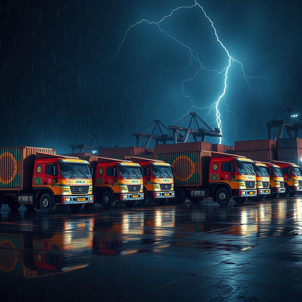 A side view of a line of Indian truck containers at a port during a stormy and rainy dark night