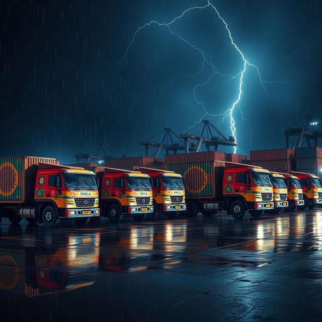 A side view of a line of Indian truck containers at a port during a stormy and rainy dark night