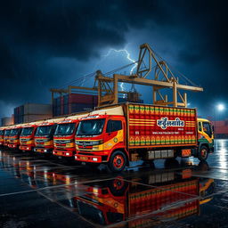 A side view of a line of Indian truck containers at a port during a stormy and rainy dark night