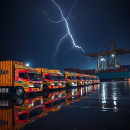 A side view of a line of Indian truck containers at a port during a stormy and rainy dark night