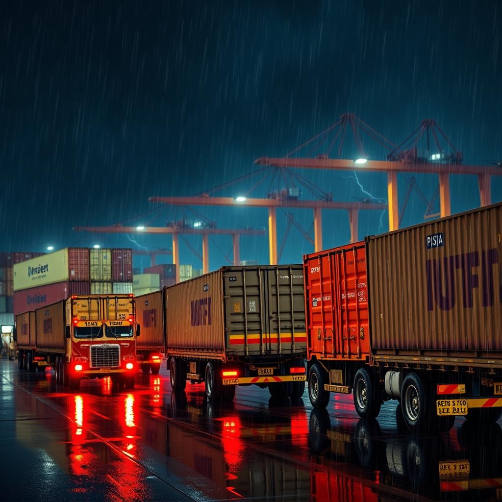 A back view of a line of Indian trucks with long containers at a port during a stormy and rainy dark night