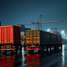 A back view of a line of Indian trucks with long containers at a port during a stormy and rainy dark night